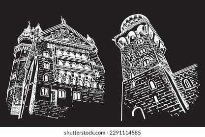 Graphical set of Neuschwanstein Castles isolated on black, architecture of Germany