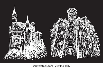 Graphical set of Neuschwanstein Castles isolated on black, architecture of Germany