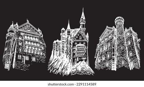 Graphical set of Neuschwanstein Castles isolated on black, architecture of Germany