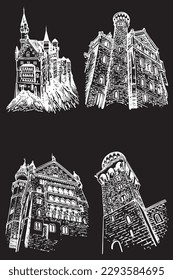 Graphical set of Neuschwanstein Castles isolated on black, architecture of Germany