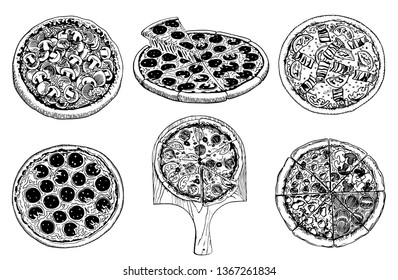 Graphical set of pizza isolated on white background, vector sketch, Italian pizza