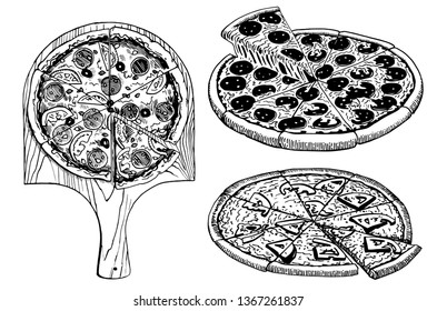 Graphical set of pizza isolated on white background, vector sketch, Italian pizza