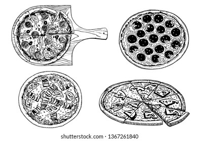 Graphical set of pizza isolated on white background, vector sketch, Italian pizza