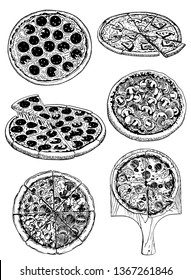 Graphical set of pizza isolated on white background, vector sketch, Italian pizza