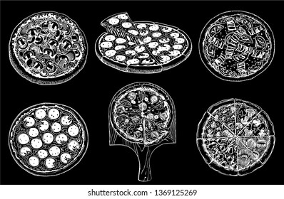Graphical set of pizza isolated on black background, vector sketch, Italian pizza