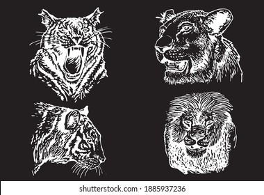 Graphical set of portraits of tigers and lions on black background, vector