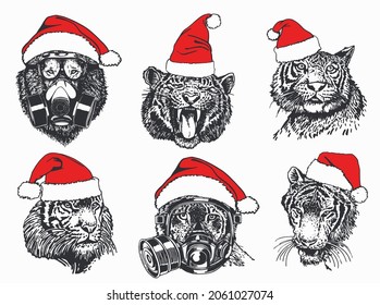 Conjunto gráfico de retratos de tigres con sombreros rojos sobre fondo blanco, elementos vectoriales de año nuevo