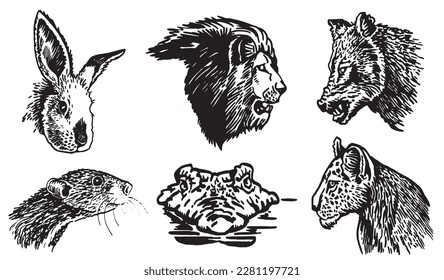Graphical set of portraits of wild animals on white isolated,vector elements for design