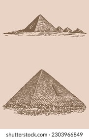 Graphical set of pyramids on sepia background, vector illustration. Egypt sightseeing	