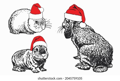 Graphical set of rabbits in Santa Claus red hat on white background, new year element,zoology
