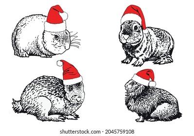 Graphical set of rabbits in Santa Claus red hat on white background, new year element,zoology
