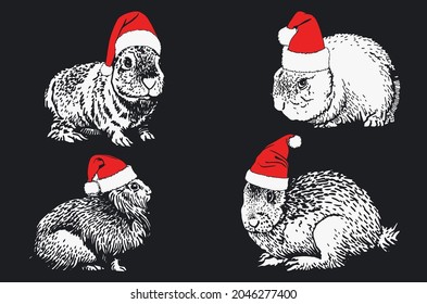 Graphical set of rabbits in Santa Claus red hat on black background, new year card,zoology
