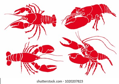 Graphical set of red crabs isolated on white background,vector sea-food illustration