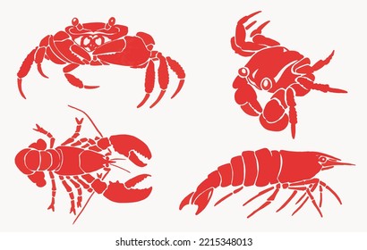 Graphical   set  of red crabs,shrimps and lobsters isolated on white background,vector illustration, sea-food