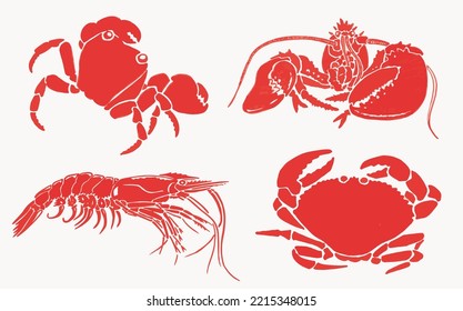 Graphical   set  of red crabs,shrimps and lobsters isolated on white background,vector illustration, sea-food