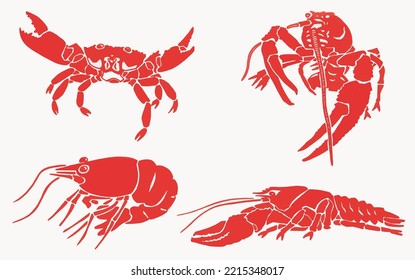 Graphical   set  of red crabs,shrimps and lobsters isolated on white background,vector illustration, sea-food