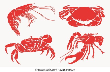 Graphical   set  of red crabs,shrimps and lobsters isolated on white background,vector illustration, sea-food