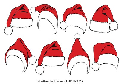 Graphical set of red hats isolated on white background,vector new year elements