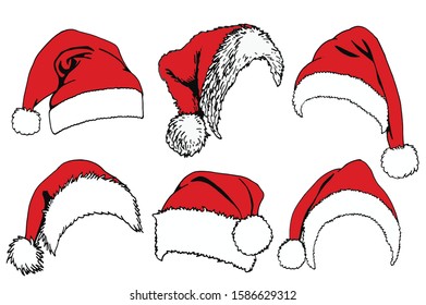 Graphical set of red hats isolated on white background,vector new year elements