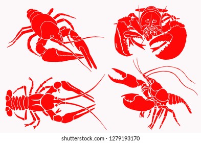 Graphical set of red lobsters isolated on white,vector sea-food illustration