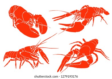 Graphical set of red lobsters isolated on white,vector sea-food illustration