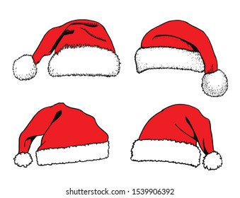 Graphical set of red Santa Claus hats isolated on white background,vector illustration