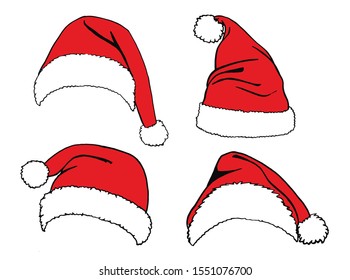 Graphical set of red Santa Claus hats isolated on white background,vector illustration for designers