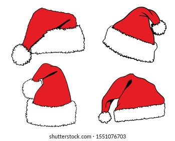 Graphical set of red Santa Claus hats isolated on white background,vector illustration for designers