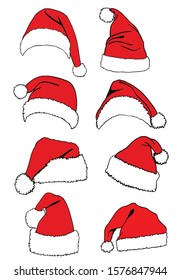 Graphical set of red Santa Claus hats isolated on white background,vector illustration for designers