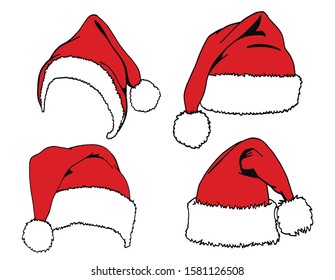 Graphical set of red  Santa Claus hats isolated on white background,new year illustration