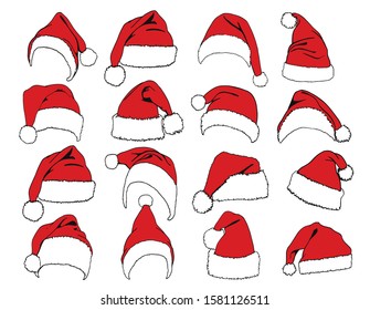 Graphical set of red  Santa Claus hats isolated on white background,new year illustration