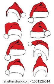 Graphical set of red  Santa Claus hats isolated on white background,new year illustration