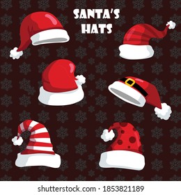 Graphical set of red Santa Claus hats isolated on black snow design background, vector illustration for designers 