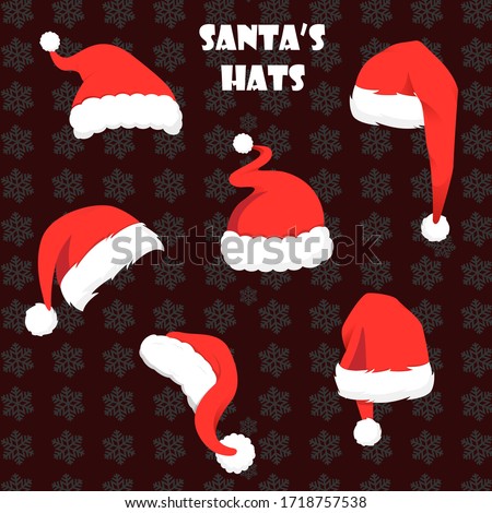 Graphical set of red Santa Claus hats isolated on black snow design background,vector illustration for designers