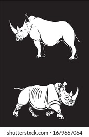 Graphical set of rhino isolated on black background, vector engraved illustration