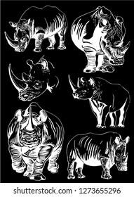 Graphical set of rhinos isolated on black background,vector illustration