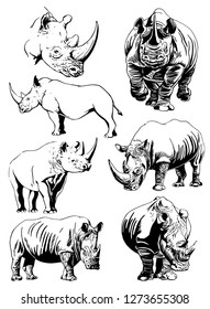 Graphical set of rhinos isolated on white background,vector illustration