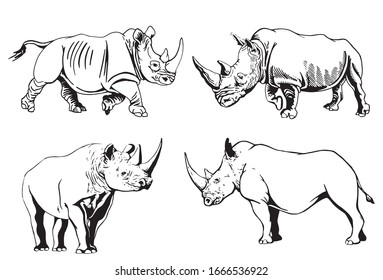 Graphical set of rhinos isolated on white background,  vector doodle illustration
