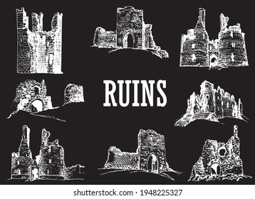 Graphical set of ruins on black background, vector architecture