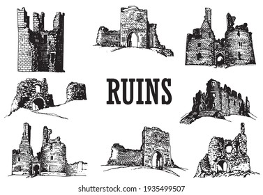 Graphical Set Of Ruins On White Background, Vector Architecture