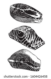 Graphical set of salmon slices isolated on white background,vector illustration, red fish