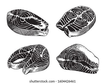 Graphical set of salmon slices isolated on white background,vector illustration, red fish
