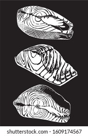 Graphical set of salmon slices isolated on black background,vector engraved illustration, red fish