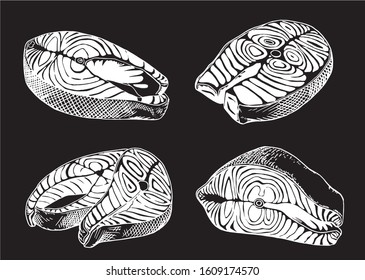 Graphical set of salmon slices isolated on black background,vector engraved illustration, red fish