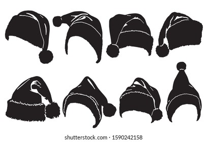 Graphical set of Santa Claus hats silhouettes isolated on white background, vector illustration