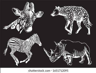 Graphical set of savanna animals isolated on black background,vector illustration