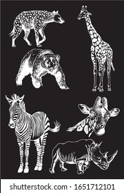 Graphical set of savanna animals isolated on black background,vector illustration
