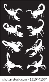 Graphical set of scorpion silhouettes isolated on black background,vector engraved  illustration