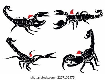 Graphical set of scorpions in santa claus red hat on white background, vector new year elements,graphics