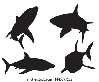 Graphical set of shark silhouettes isolated on white background, vector illustration for logo,tattoo and icons